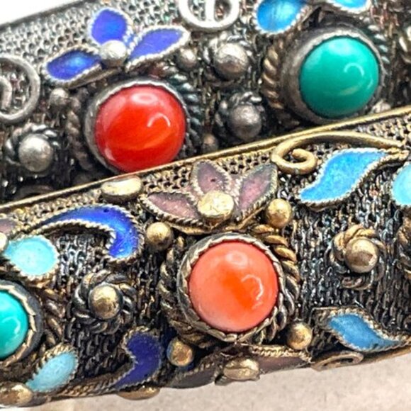 Set Of 2 Antique Chinese Silver Fingernail Guards Pins. Turquoise Coral Stones - Picture 2 of 5